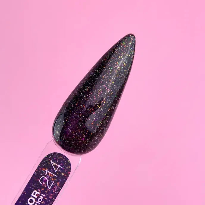 Black glitter gel nail polish swatch on sample stick against pink background