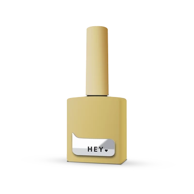 Yellow gel nail polish bottle with HEY label, manicure product on white background