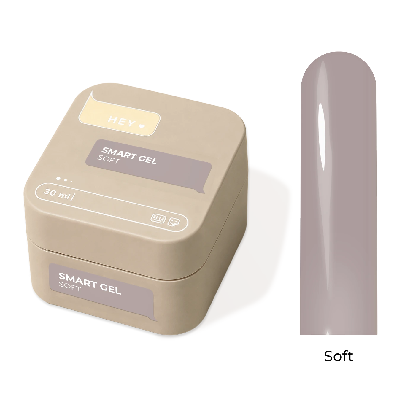 A beige square jar labeled 'SMART GEL SOFT' with a pale taupe nail color swatch shown beside it on a white background. The jar has a small yellow label reading 'HEY' and a gray label indicating '30 ml'.