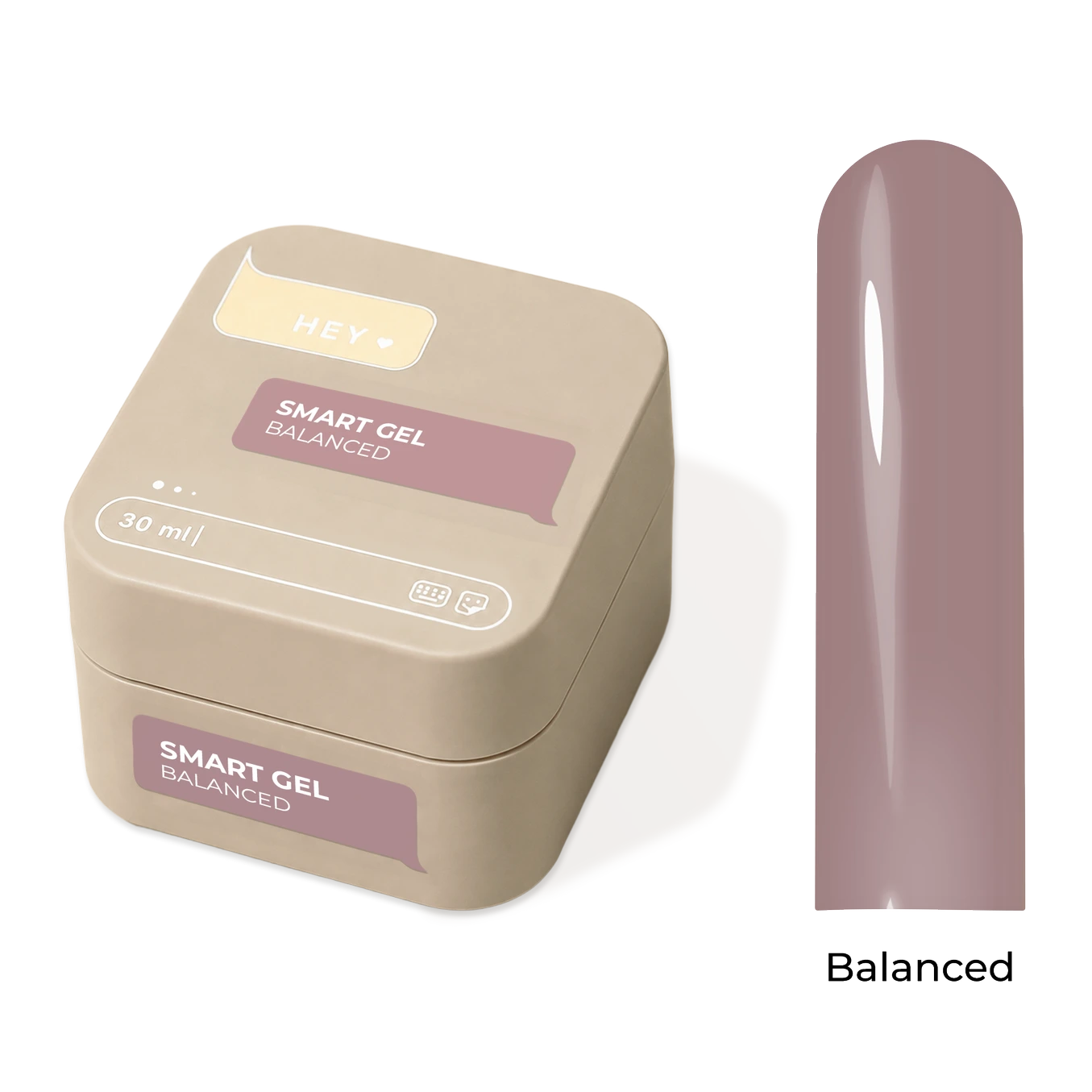 A beige square jar labeled 'SMART GEL BALANCED' with a matching mauve swatch shown beside it on a white background. The swatch is labeled 'Balanced' below.