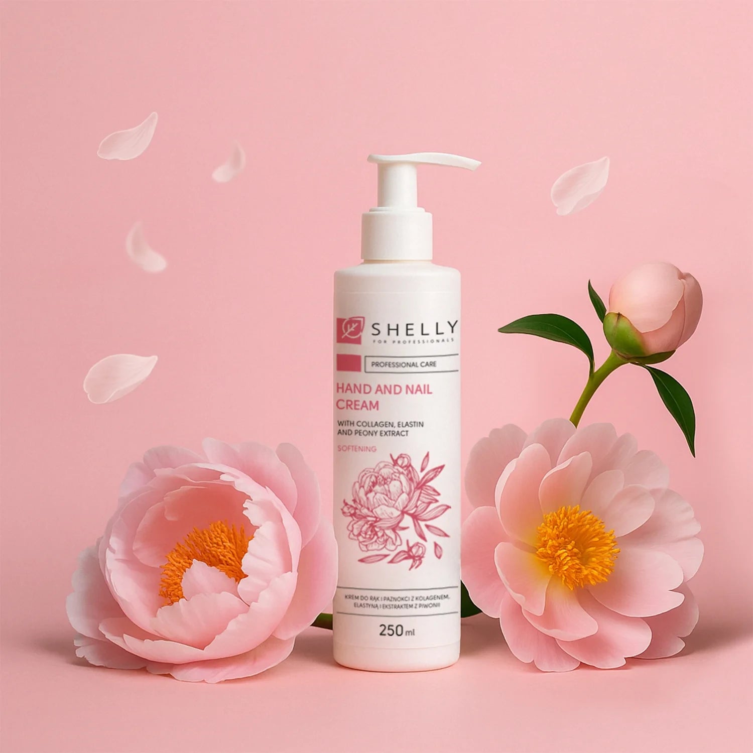 Hand and nail cream bottle with collagen and peony flowers on a pink background