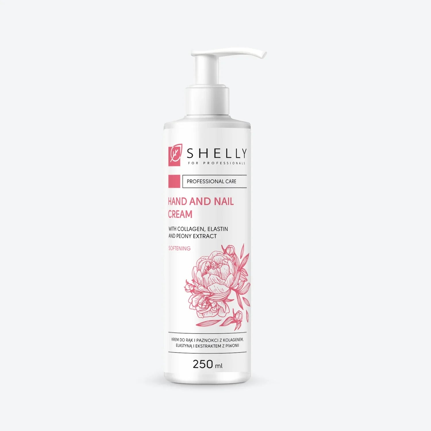 Hand and nail cream with collagen, elastin, and peony extract in a 250ml pump bottle