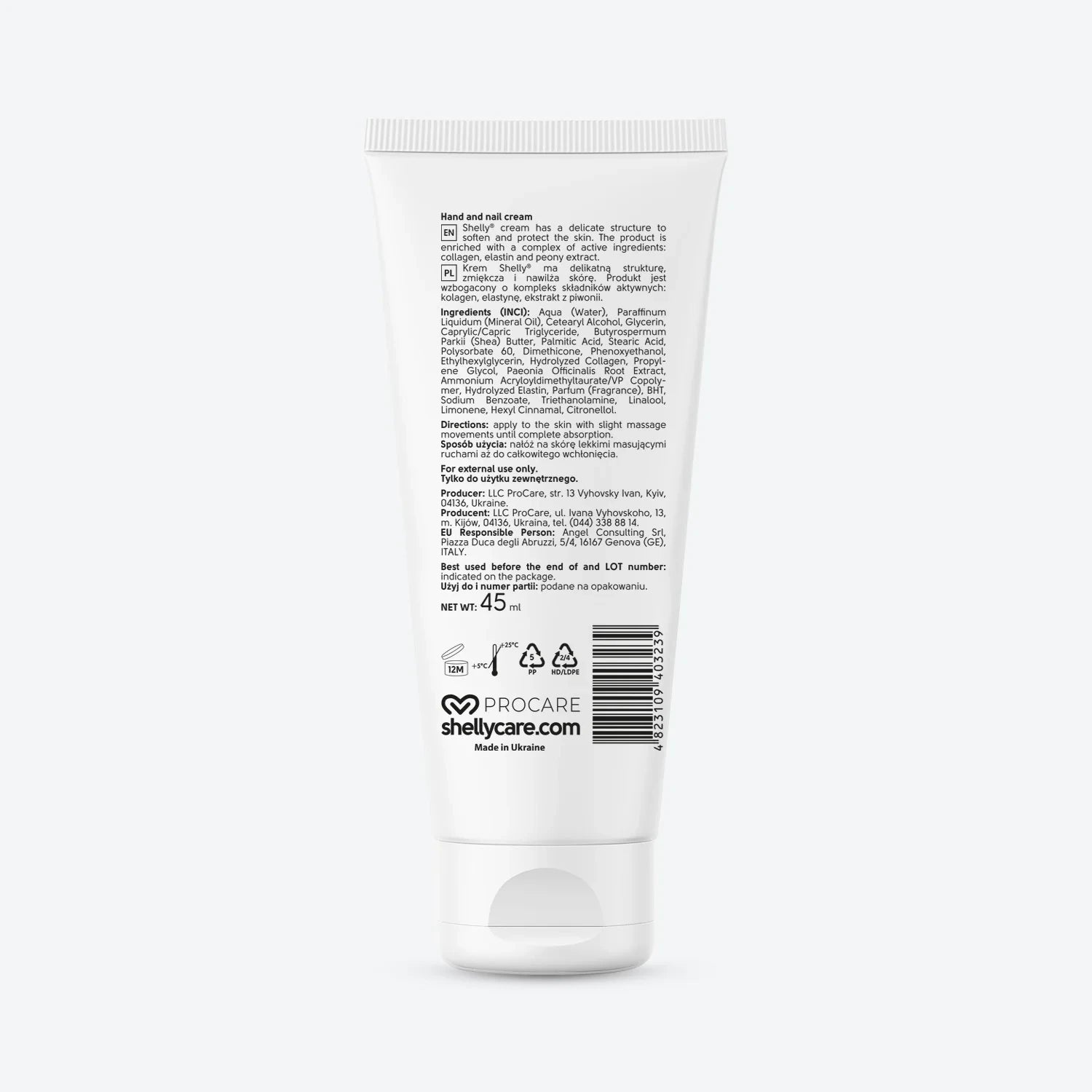Back of collagen hand and nail cream tube with usage directions and ingredients list