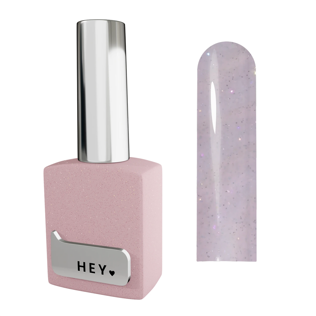 Light pink gel nail polish bottle with chrome cap and swatch of sheer glittery polish