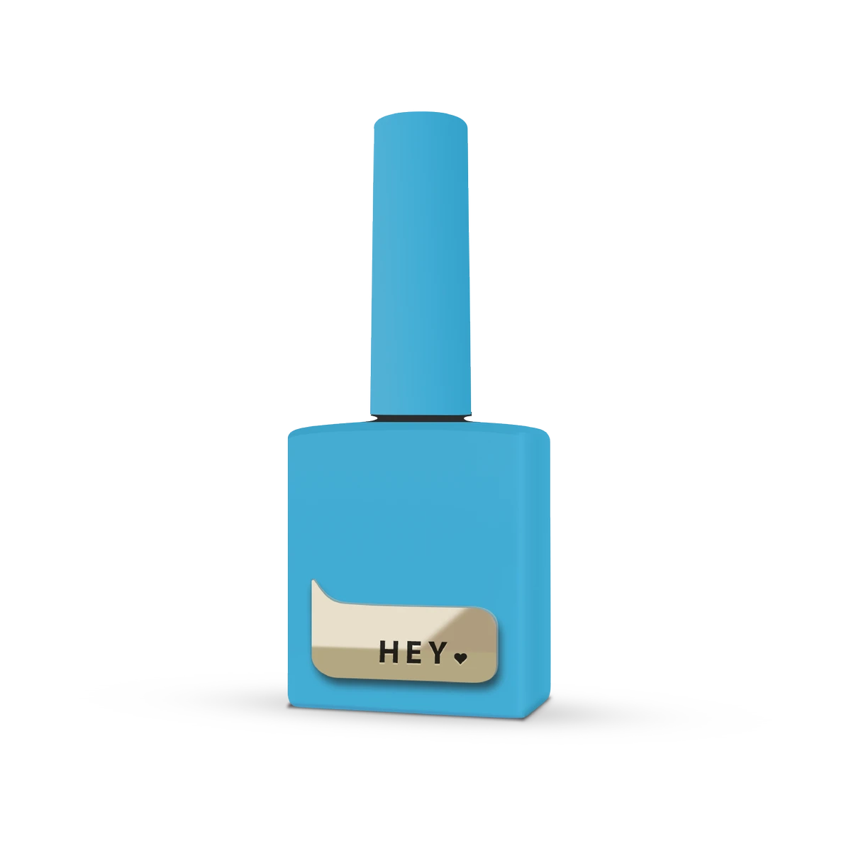 Blue gel nail polish bottle with 'HEY' label on white background