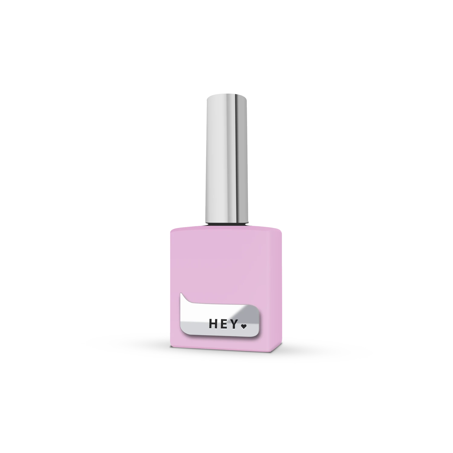 Pink nail polish bottle with metallic cap and label reading 'HEY', isolated on white background.