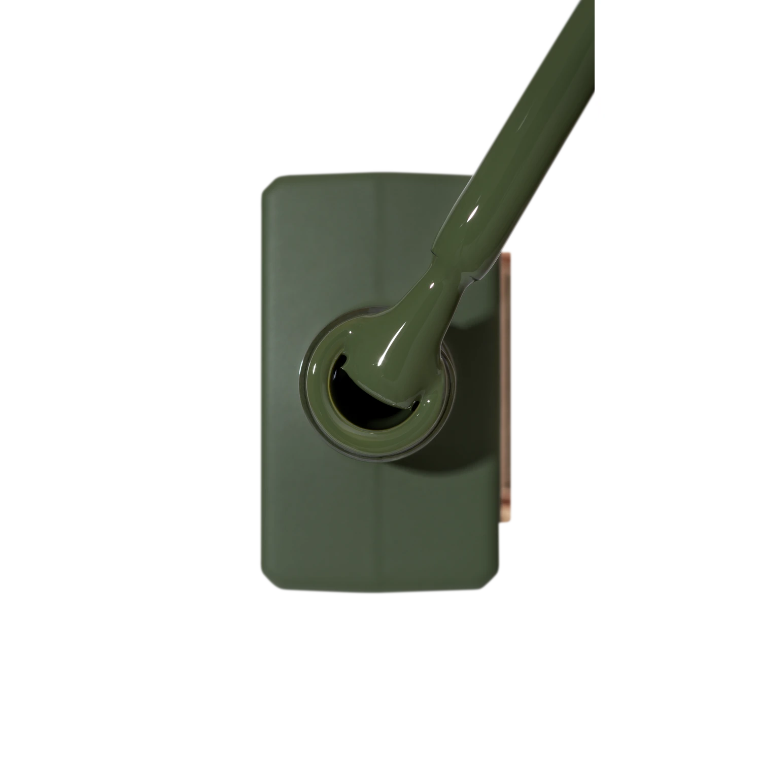 Olive green gel nail polish bottle with applicator brush, manicure product