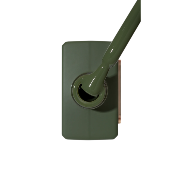 Olive green gel nail polish bottle with applicator brush, manicure product
