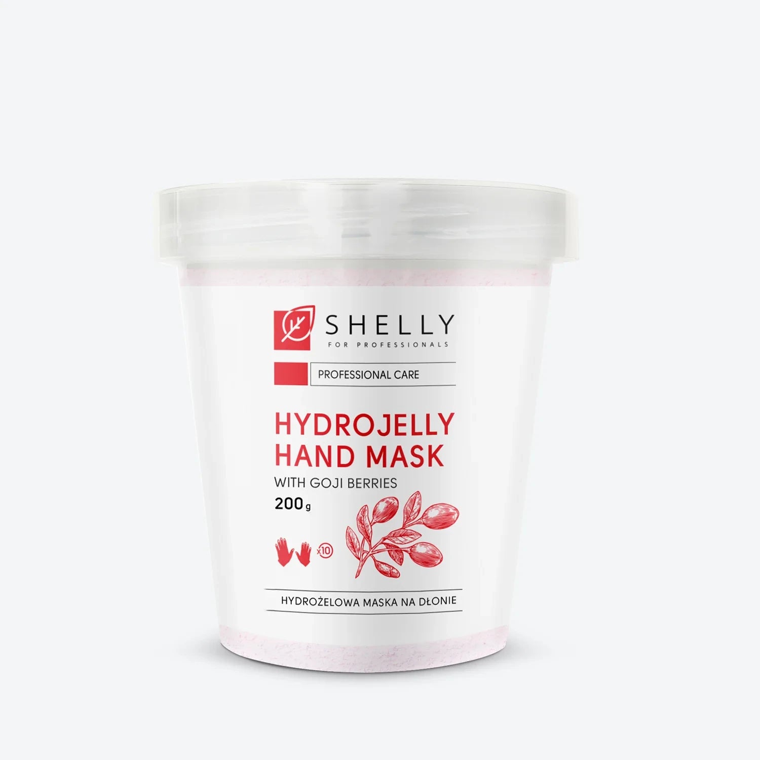 Hydrojelly hand mask with goji berries in a white plastic container, 200g size.