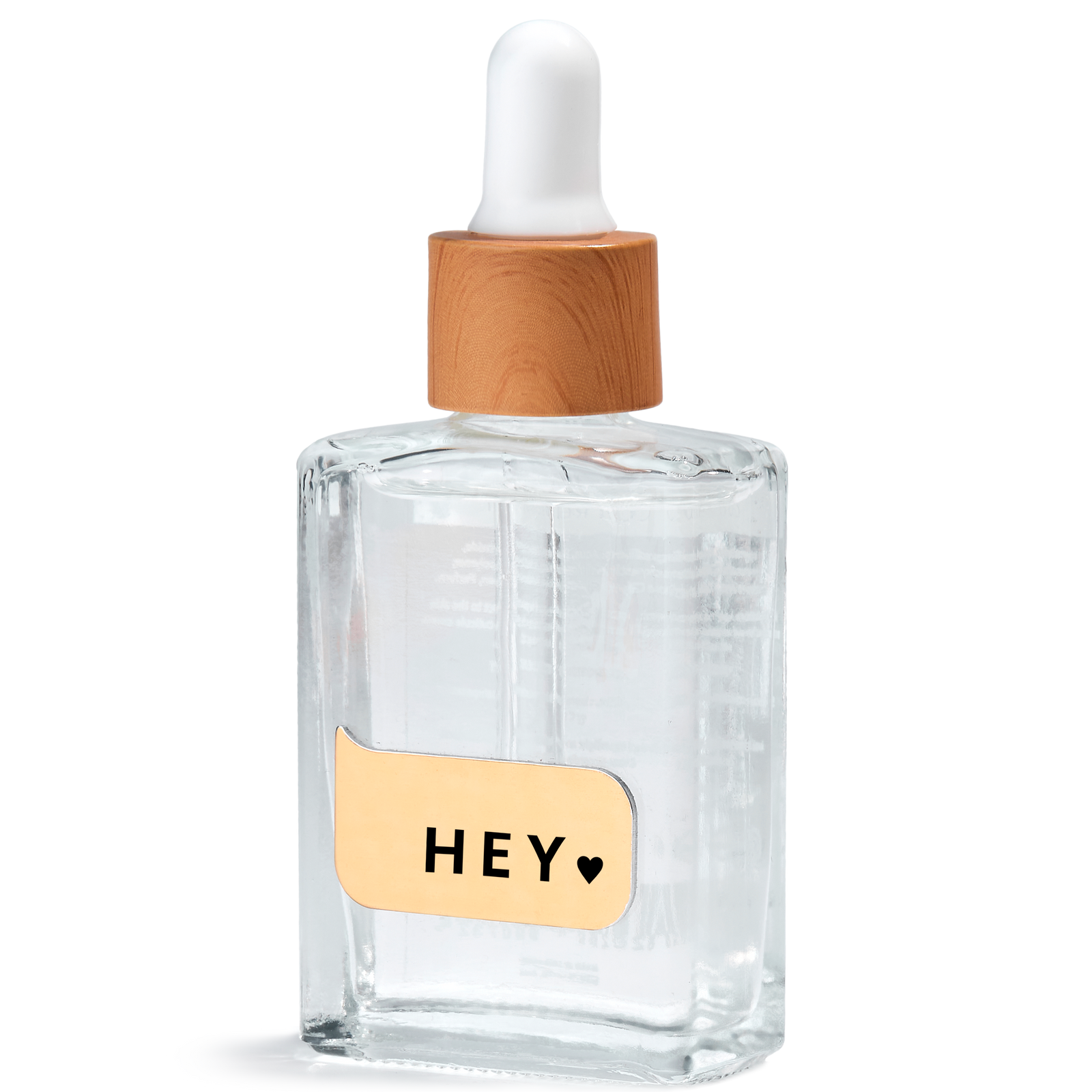 Clear glass dropper bottle with wooden cap, gold label and black text, nail care serum