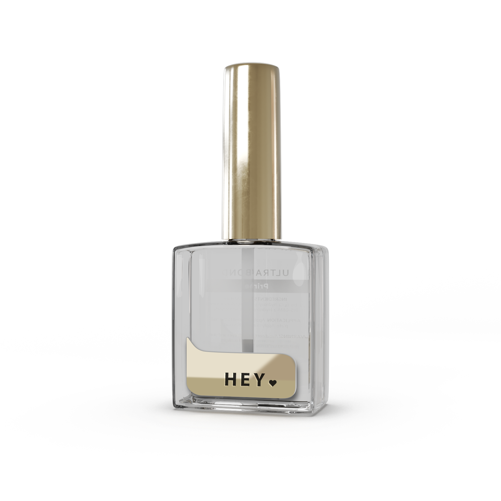 Clear nail polish bottle with gold cap and 'HEY' label, manicure product