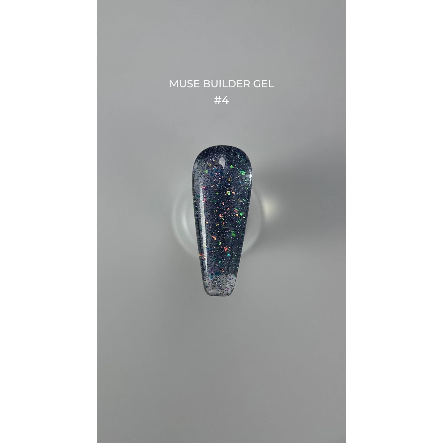 Muse Builder Gel #4 with dark glittery finish for nails, shown on nail tip display