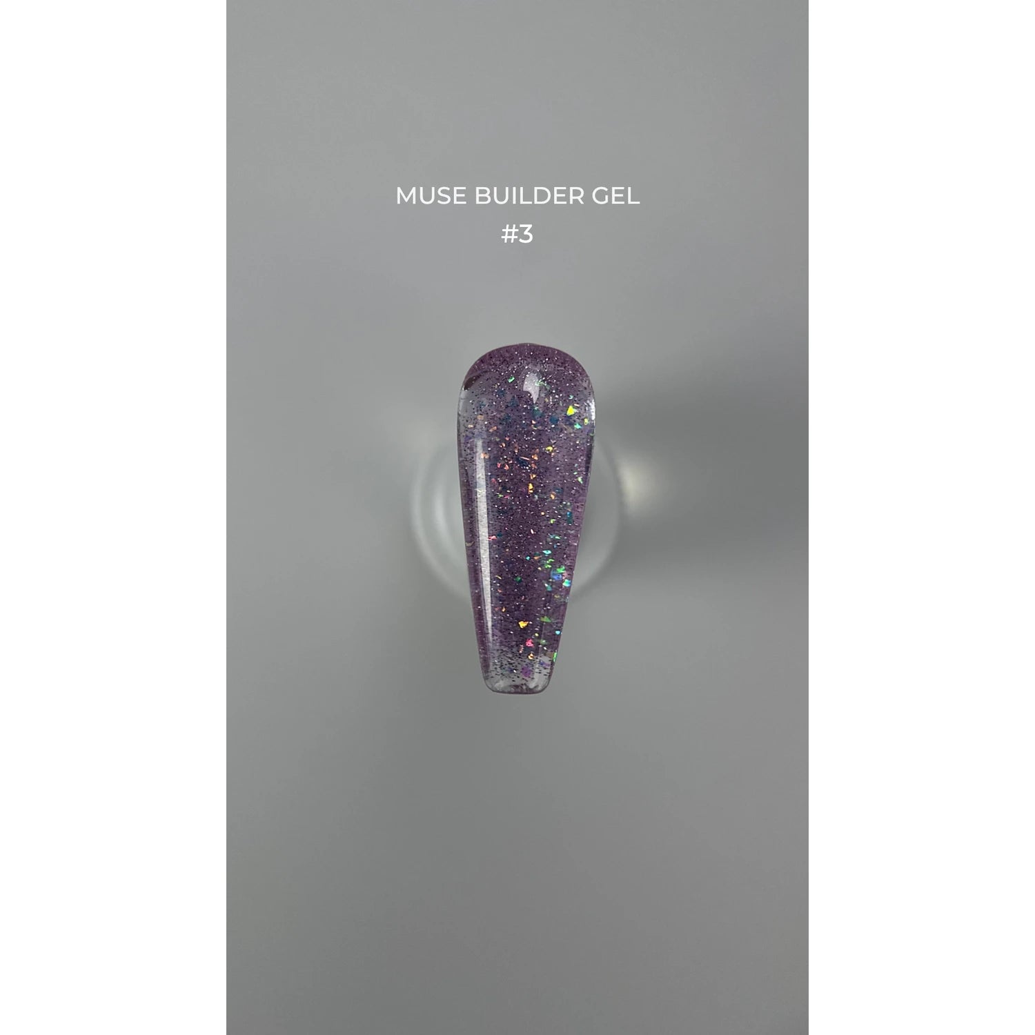 Muse Builder Gel #3, purple glitter nail gel sample on display background