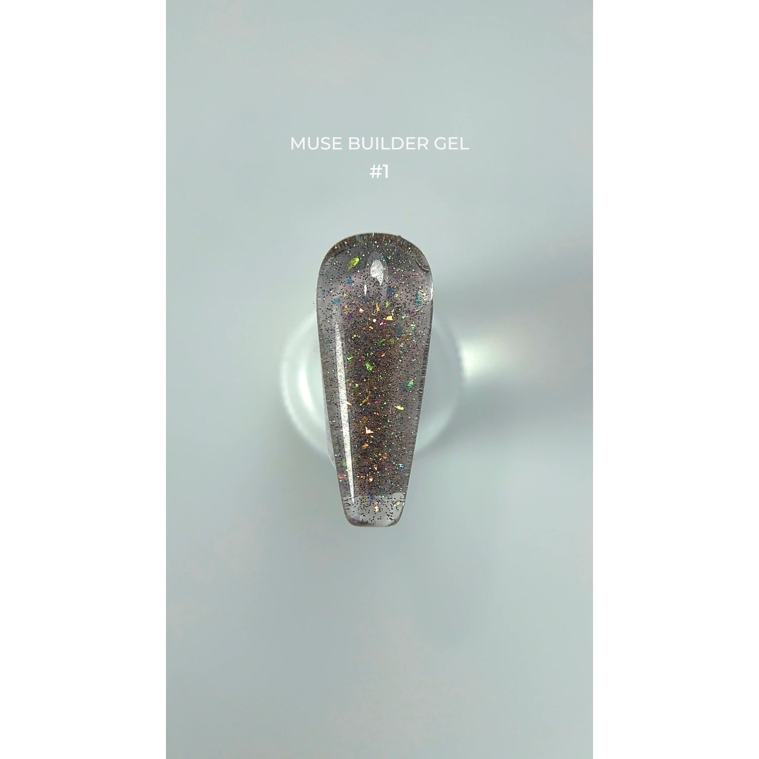 Glittery Muse Builder Gel #1 nail polish swatch on a display tip, clear background
