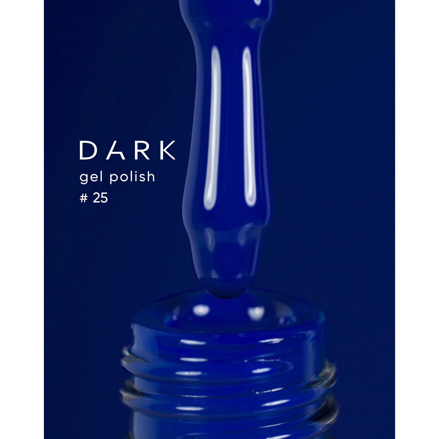Dark blue gel nail polish bottle with brush and bold color drop, shade #25