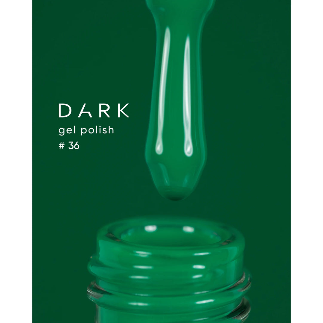 Dark green gel polish bottle with applicator and text gel polish 