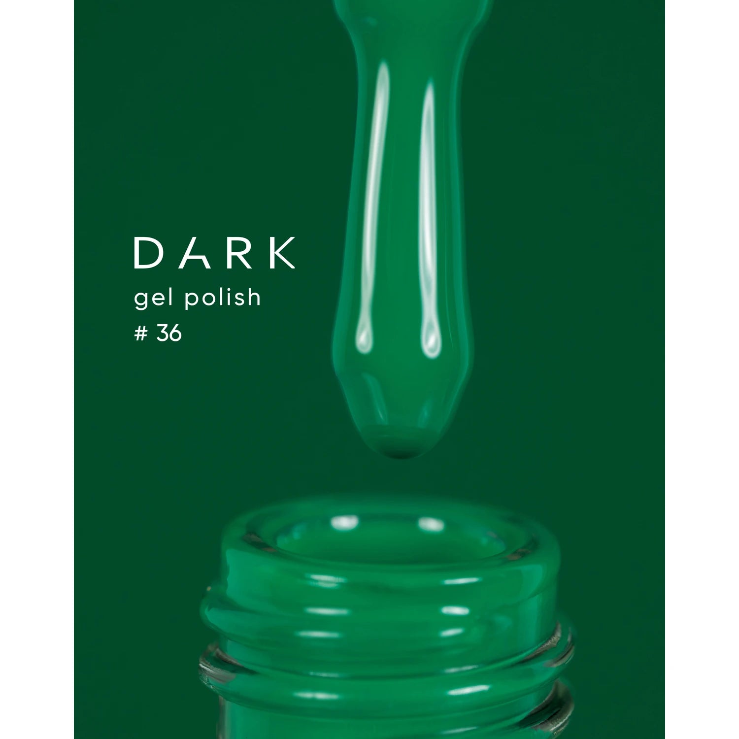 Dark green gel polish bottle with applicator and text gel polish #36