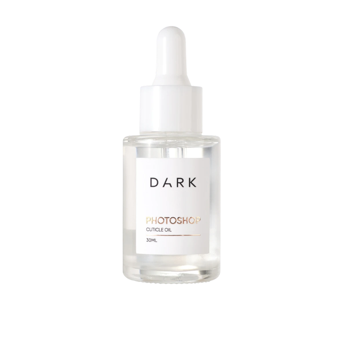 A 30ml glass dropper bottle of DARK Photoshop Cuticle Oil with a white label and white dropper cap, shown on a solid white background.