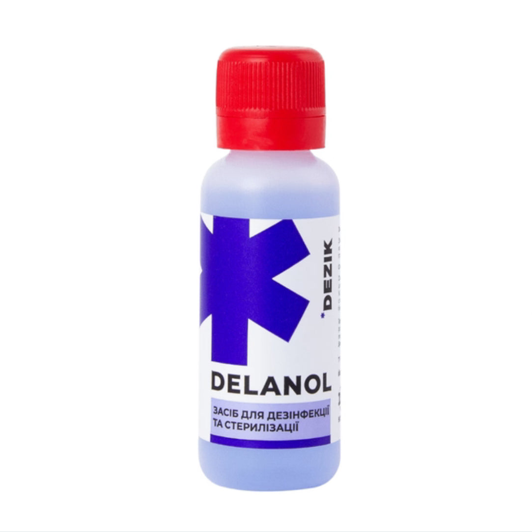 Delanol disinfectant solution bottle with red cap for manicure tools sterilization