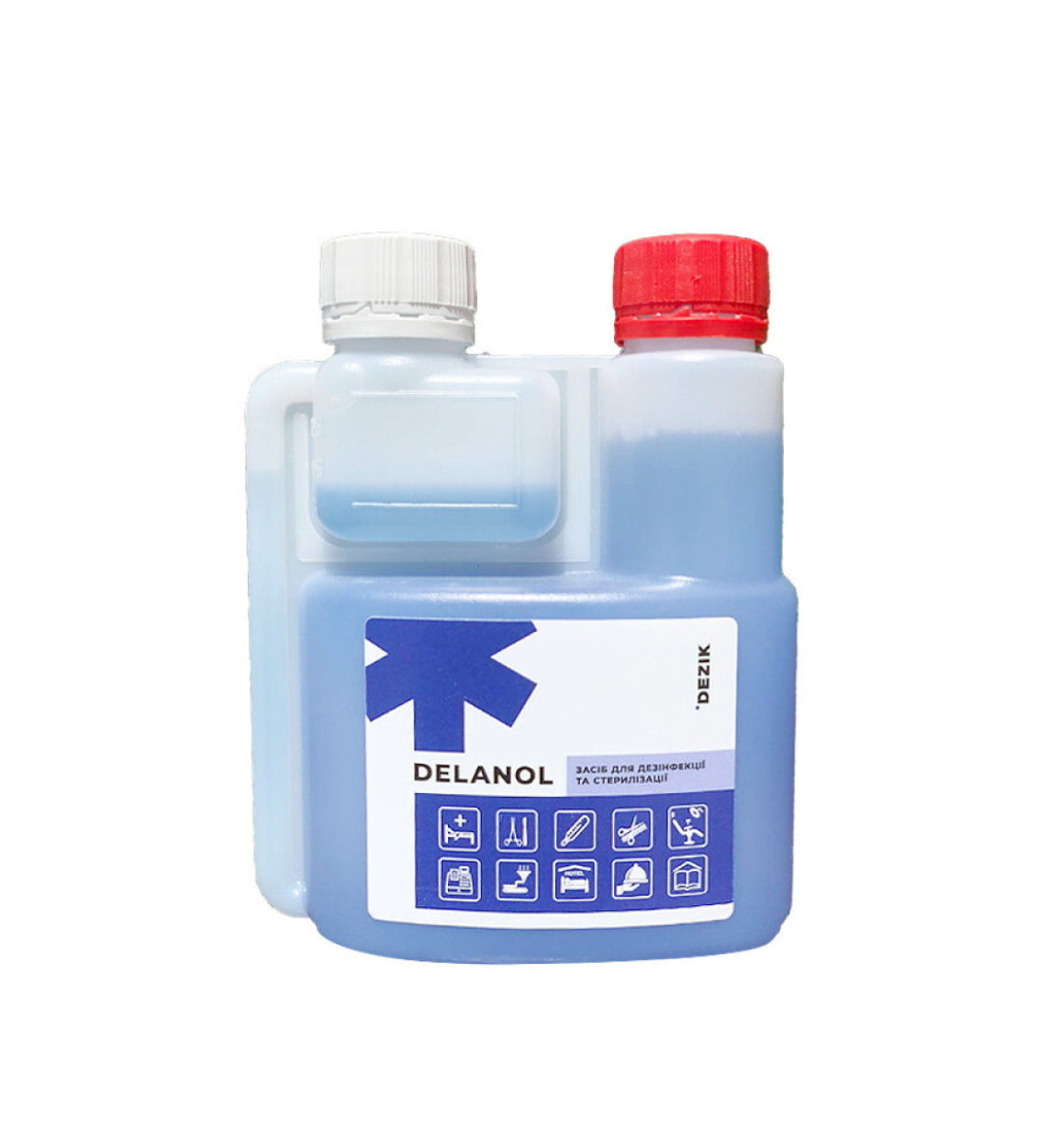 Delanol disinfectant liquid in a dual cap bottle, ideal for manicure sterilization.
