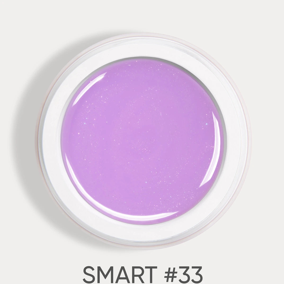 Open jar of lilac UV gel nail polish with subtle sparkles, labeled SMART #33.