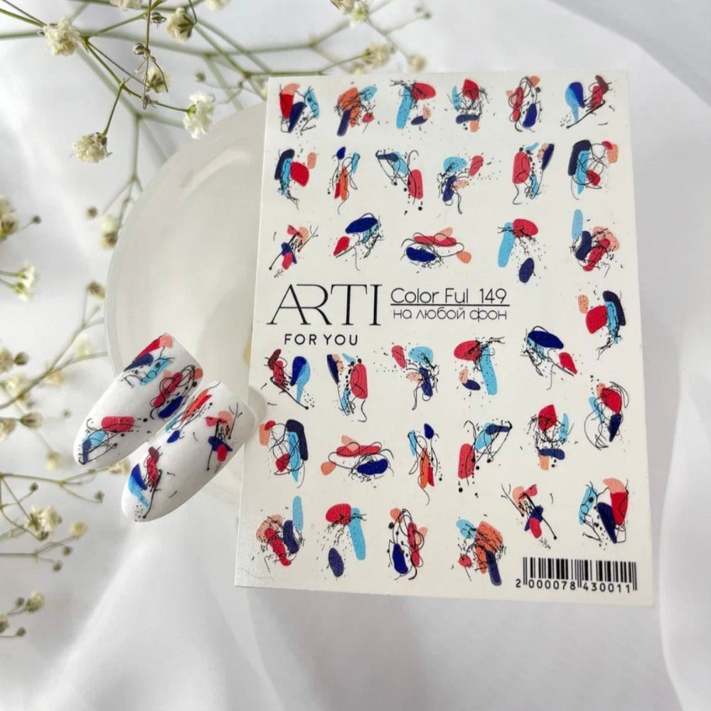 Abstract colorful nail art water decals ARTI Color Ful 149 on white background with sample nails