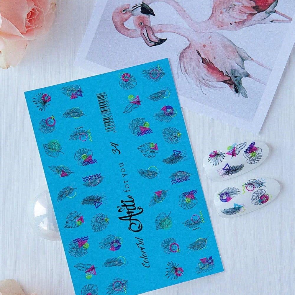 Colorful tropical nail art stickers with geometric designs on blue sheet, sample nails shown