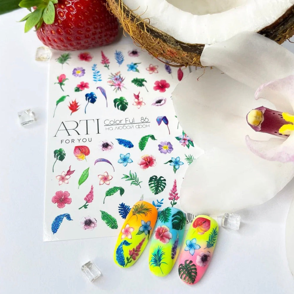 Colorful floral nail art stickers, decorated nail tips, with strawberry and coconut background