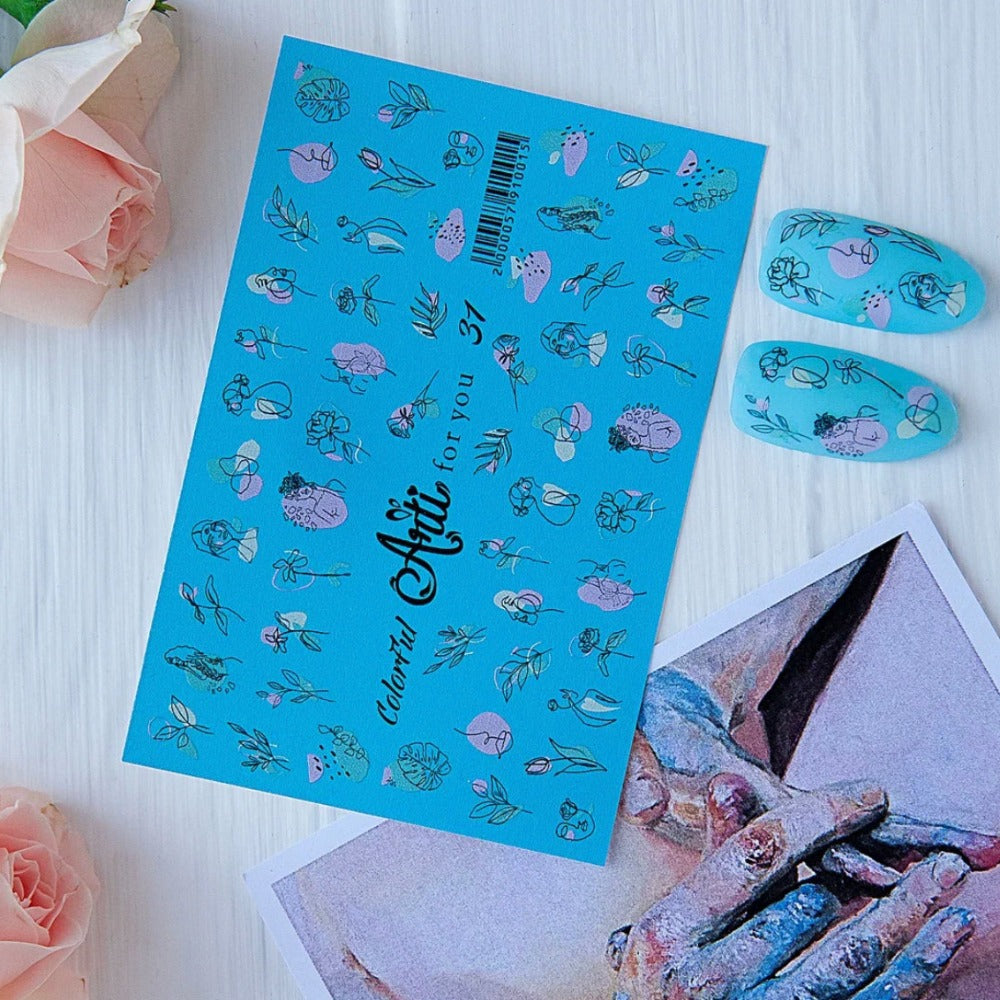 Sheet of floral and abstract nail art stickers with pastel nail tips on white background