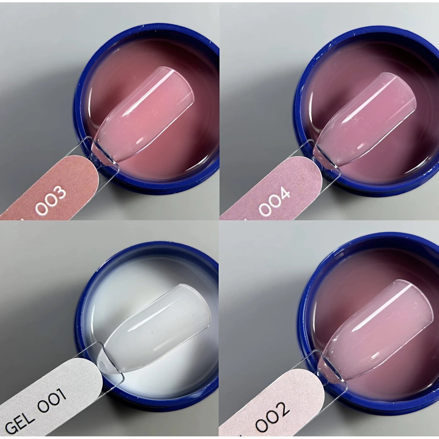 UV gel nail polish color samples in pink and milky shades labeled 001 to 004 for manicure