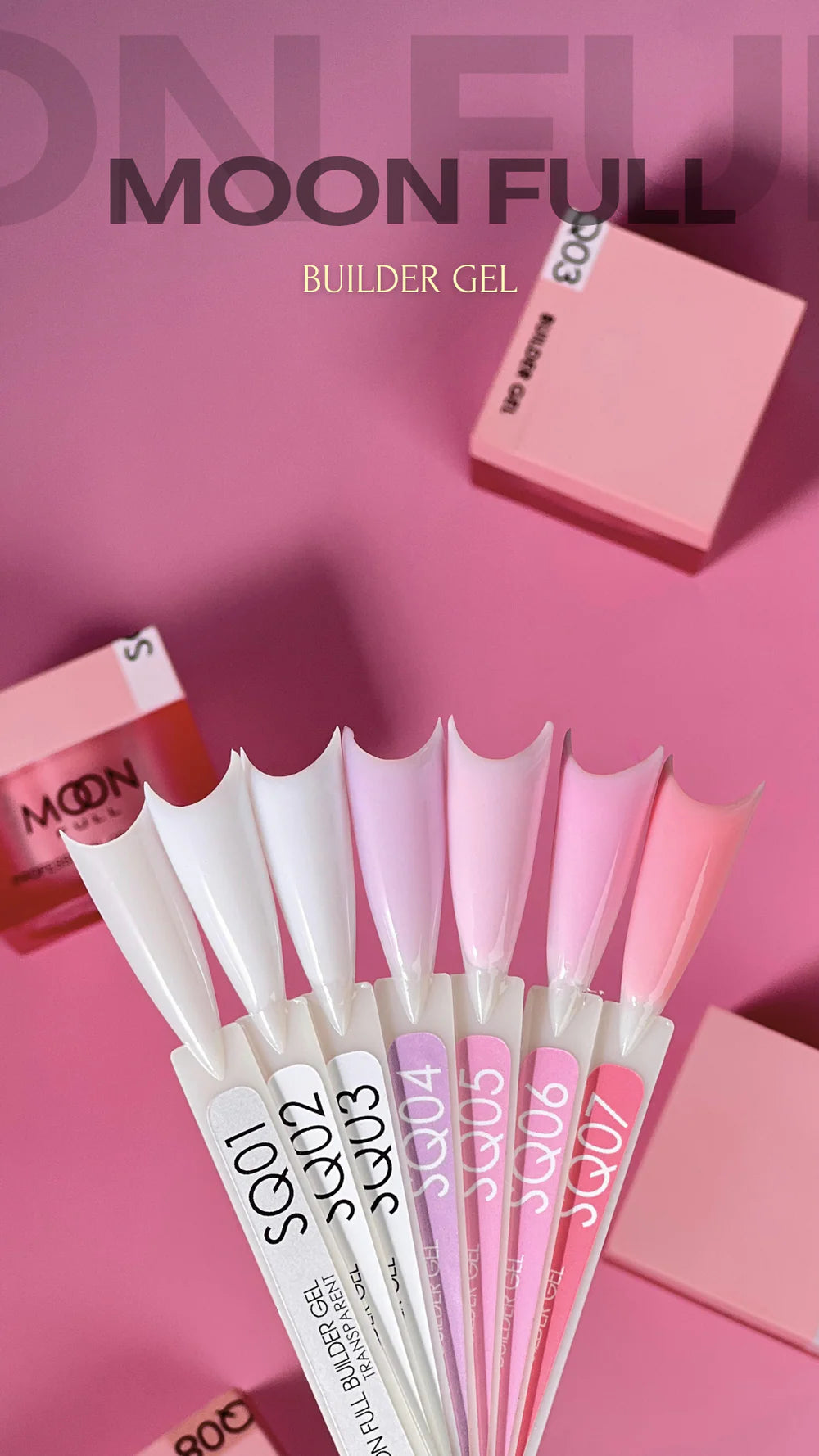 Assorted pink and white nail builder gel color samples with pink builder gel product boxes on a pink background