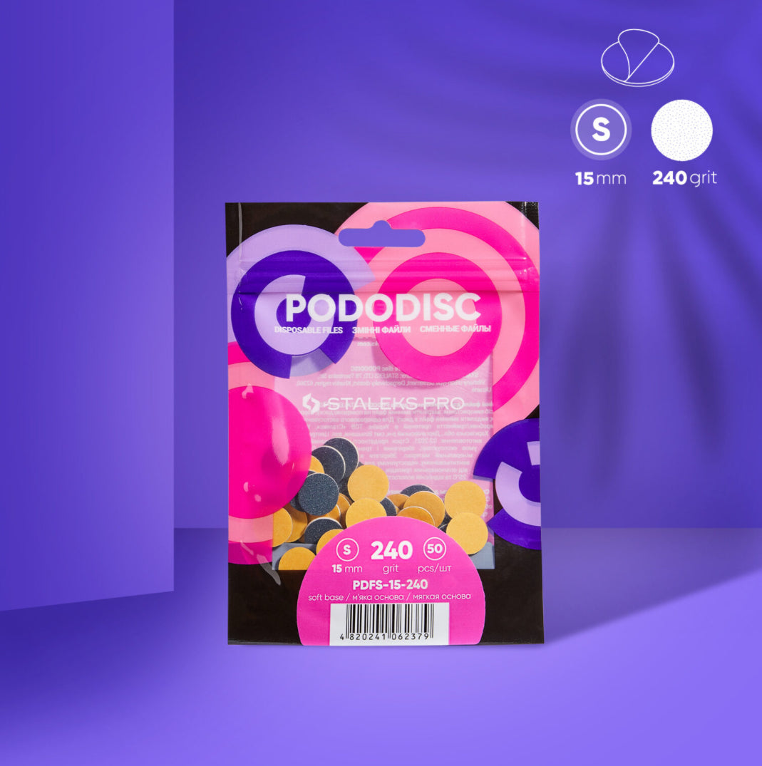 Staleks Pro Pododisc disposable nail files, 240 grit, 15mm, 50 pieces, on purple background