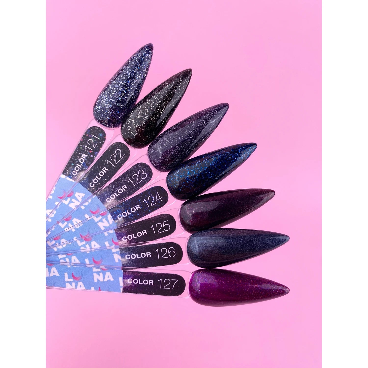 Glossy dark gel nail polish color swatches on pink background, manicure product display