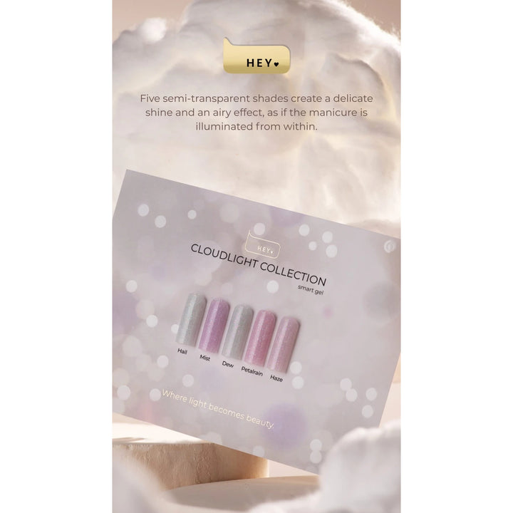 Cloudlight Collection smart gel nail polish card showing five semi-transparent manicure shades