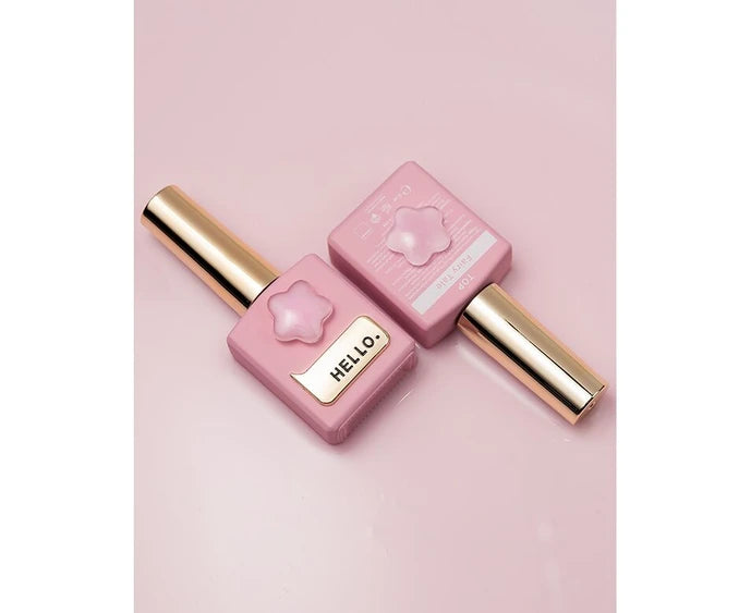 Two pink nail polishes with gold accents on a pink background