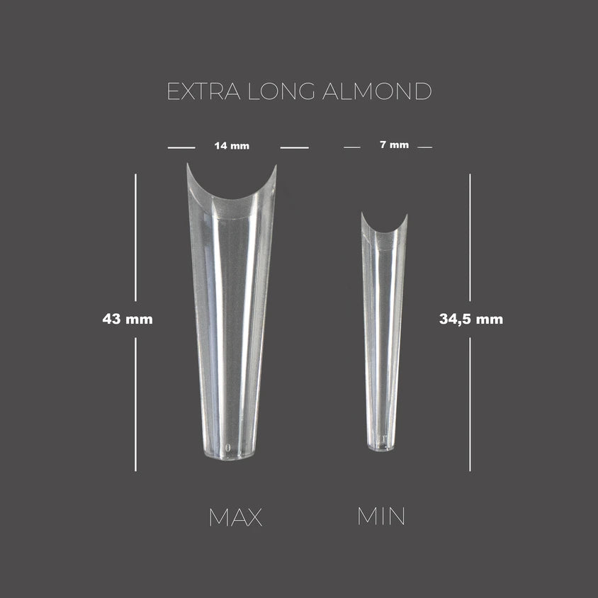 TOUCH Soft Gel Tips Extra Long Almond – size chart, max 43 mm and min 34.5 mm