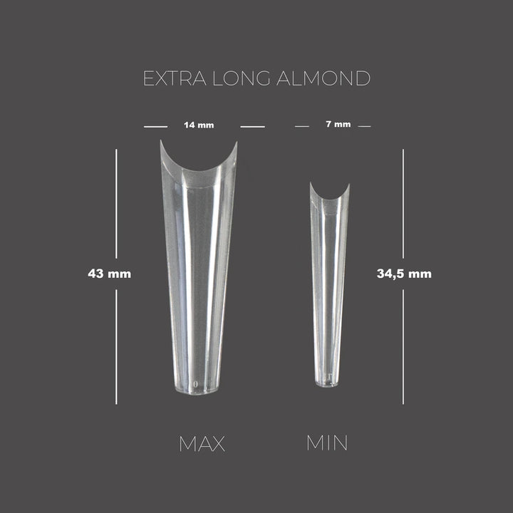TOUCH Soft Gel Tips Extra Long Almond – size chart, max 43 mm and min 34.5 mm