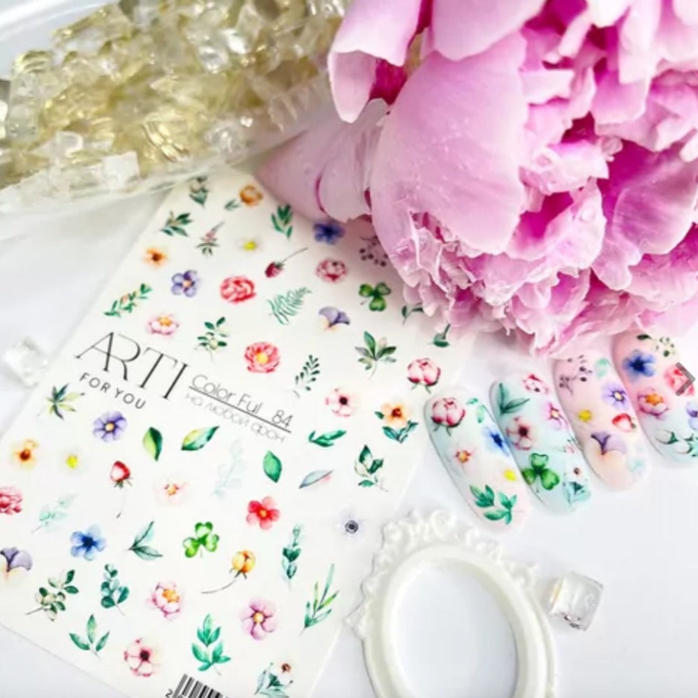Floral nail art stickers, manicured nails with flower designs, pink peony, manicure decor