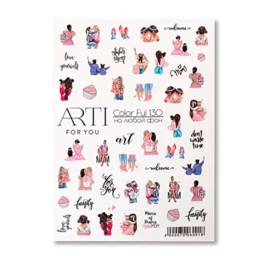 Sheet of colorful nail art stickers featuring women, moms, kids, cupcakes, and loving phrases.