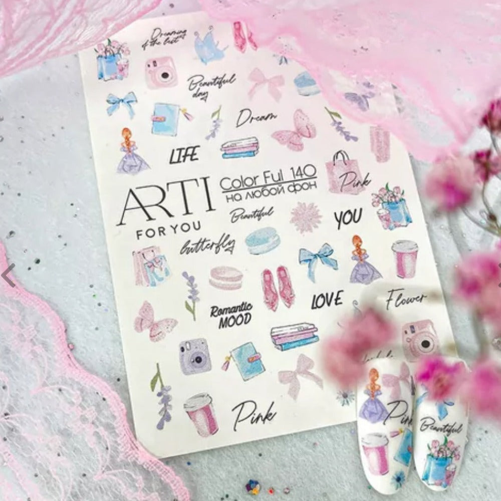 Colorful nail art stickers with pastel designs, bows, butterflies, flowers, and feminine accessories.
