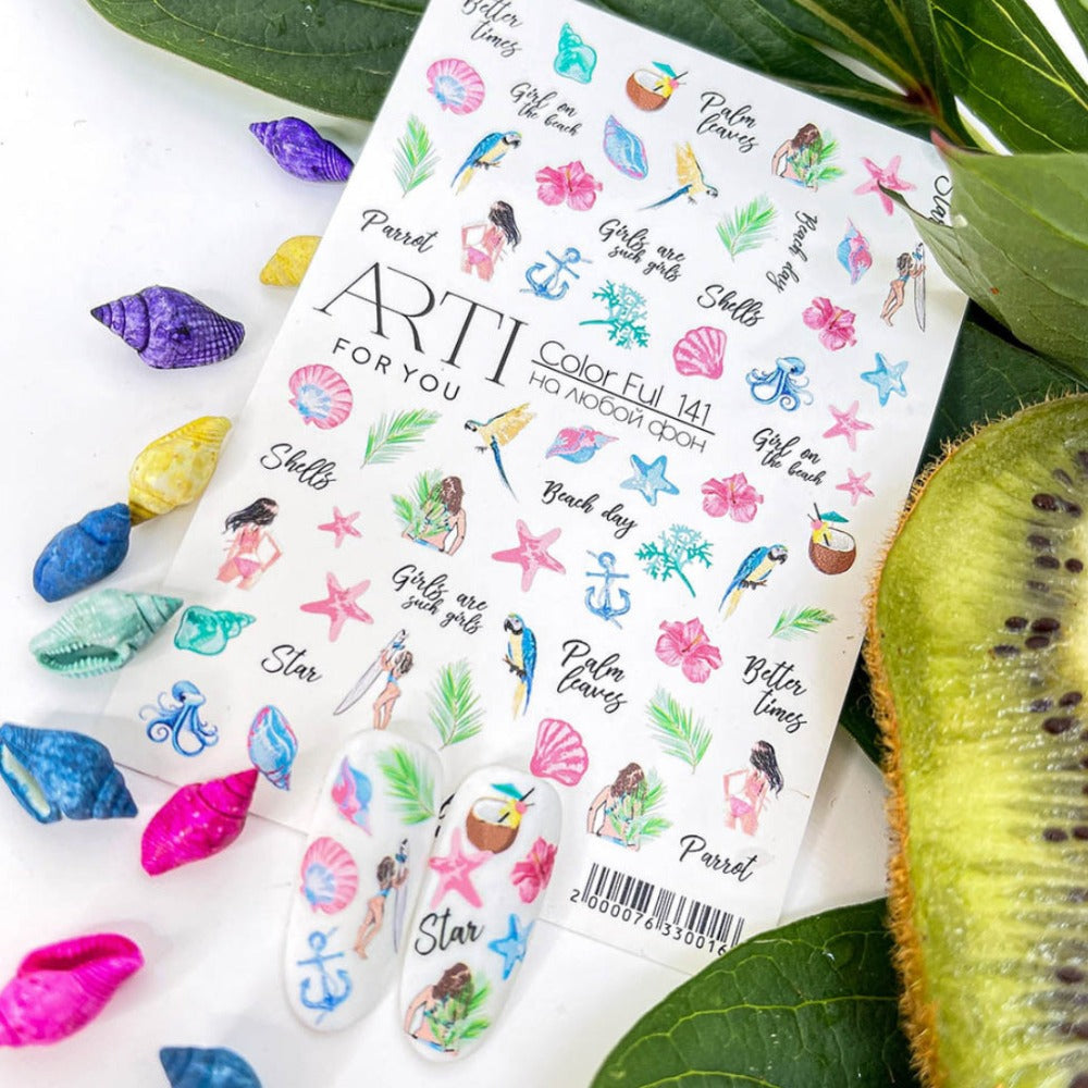 Colorful tropical nail art stickers with shells, parrots, palm leaves and beach-themed designs