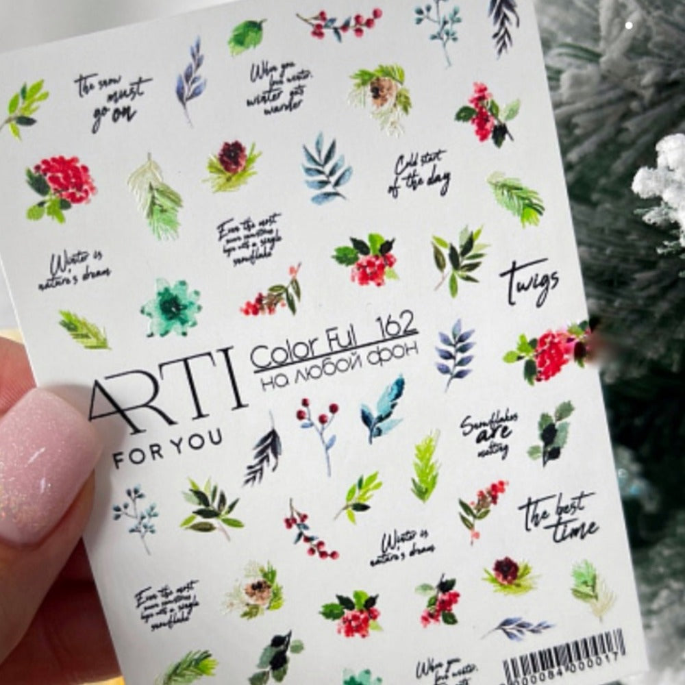 Nail art sticker sheet with floral, leaf, and botanical designs for manicure decoration.