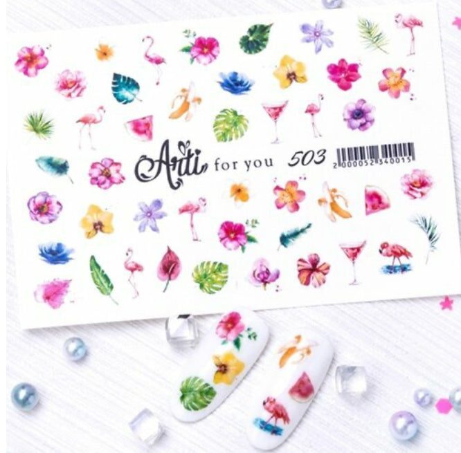 Tropical floral and flamingo nail art stickers, manicure decoration and nail accessories.