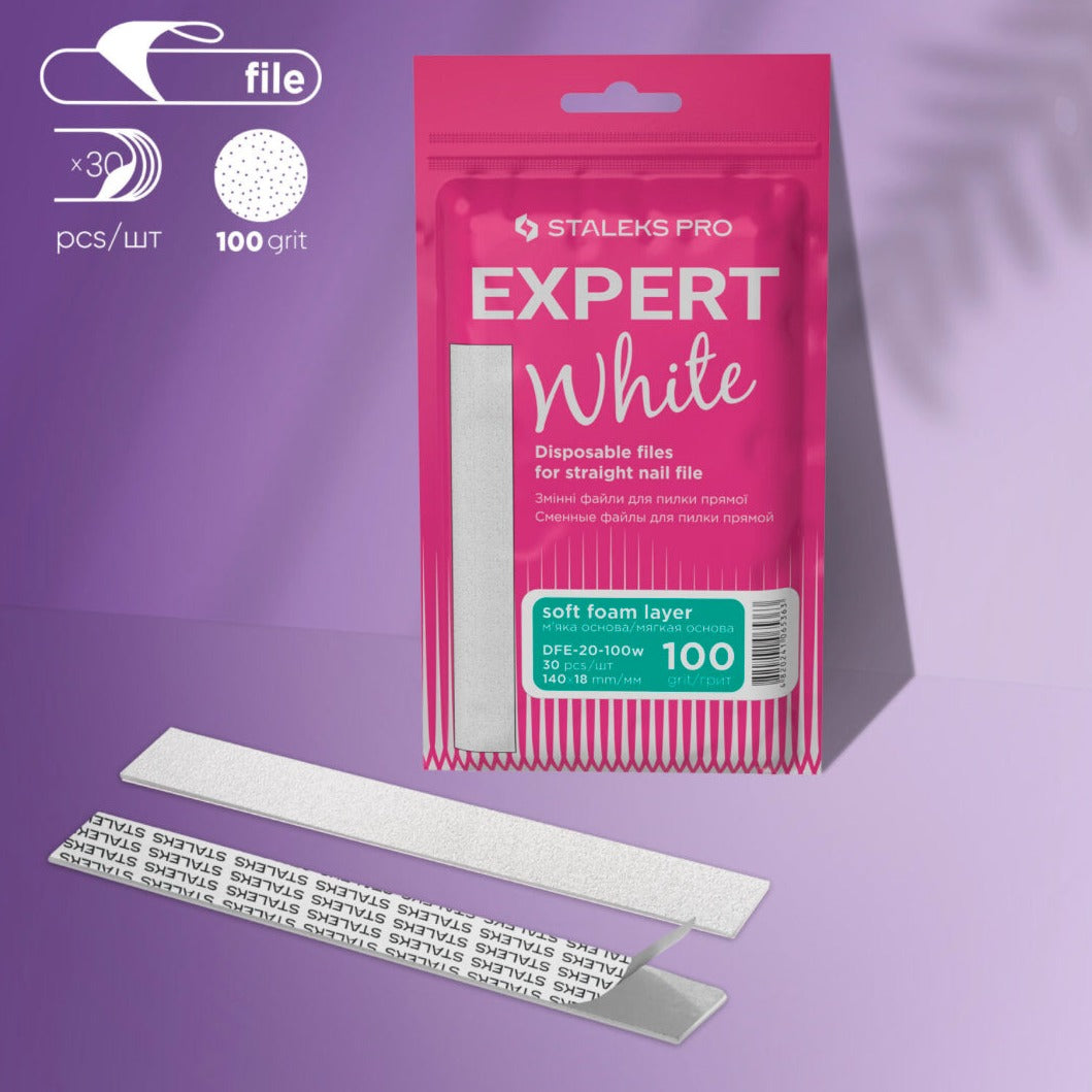 Staleks Pro Expert White 100 grit disposable nail files for manicure, pink package, 30 pcs