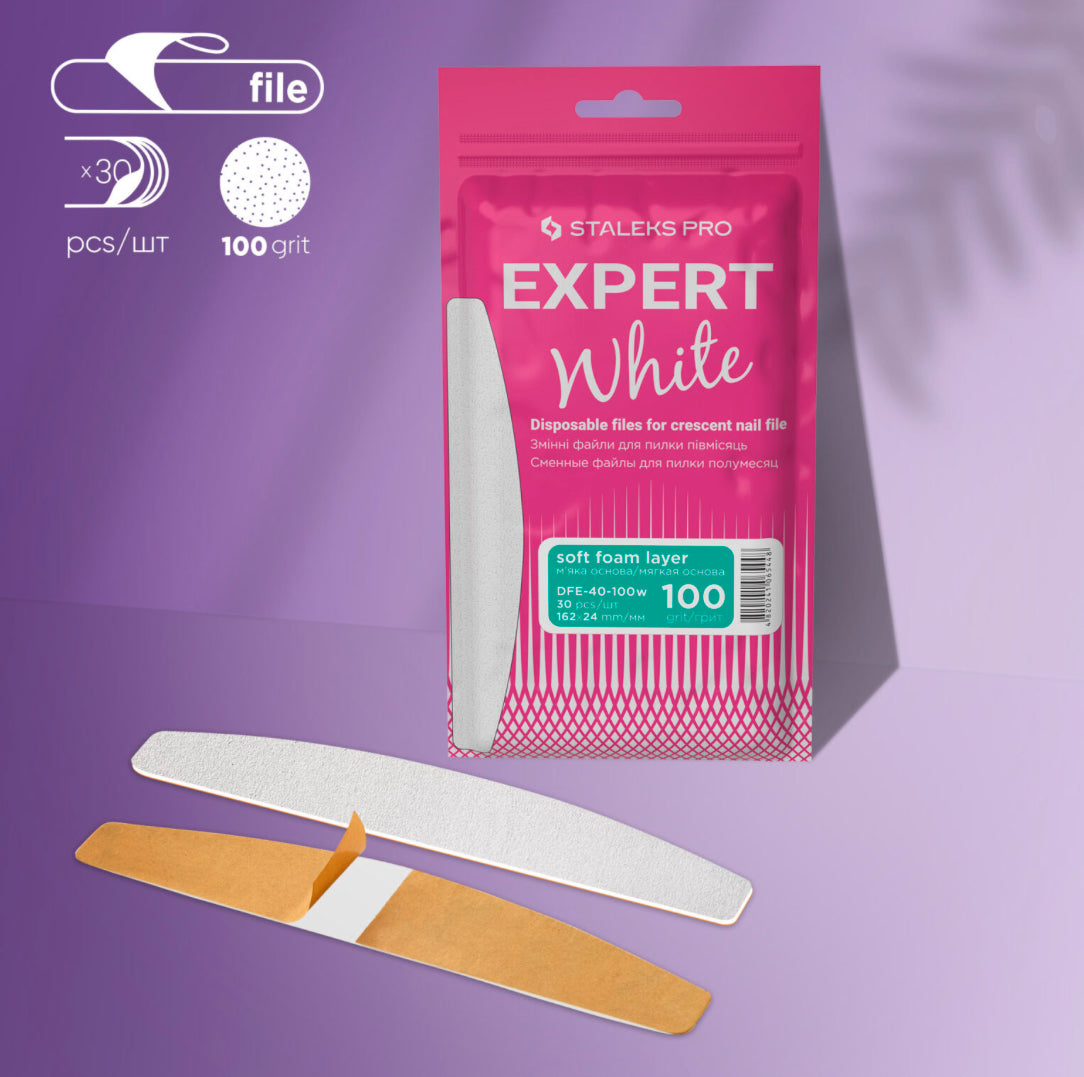 Disposable crescent nail file refills, 100 grit, soft foam layer, 30 pieces, on purple background