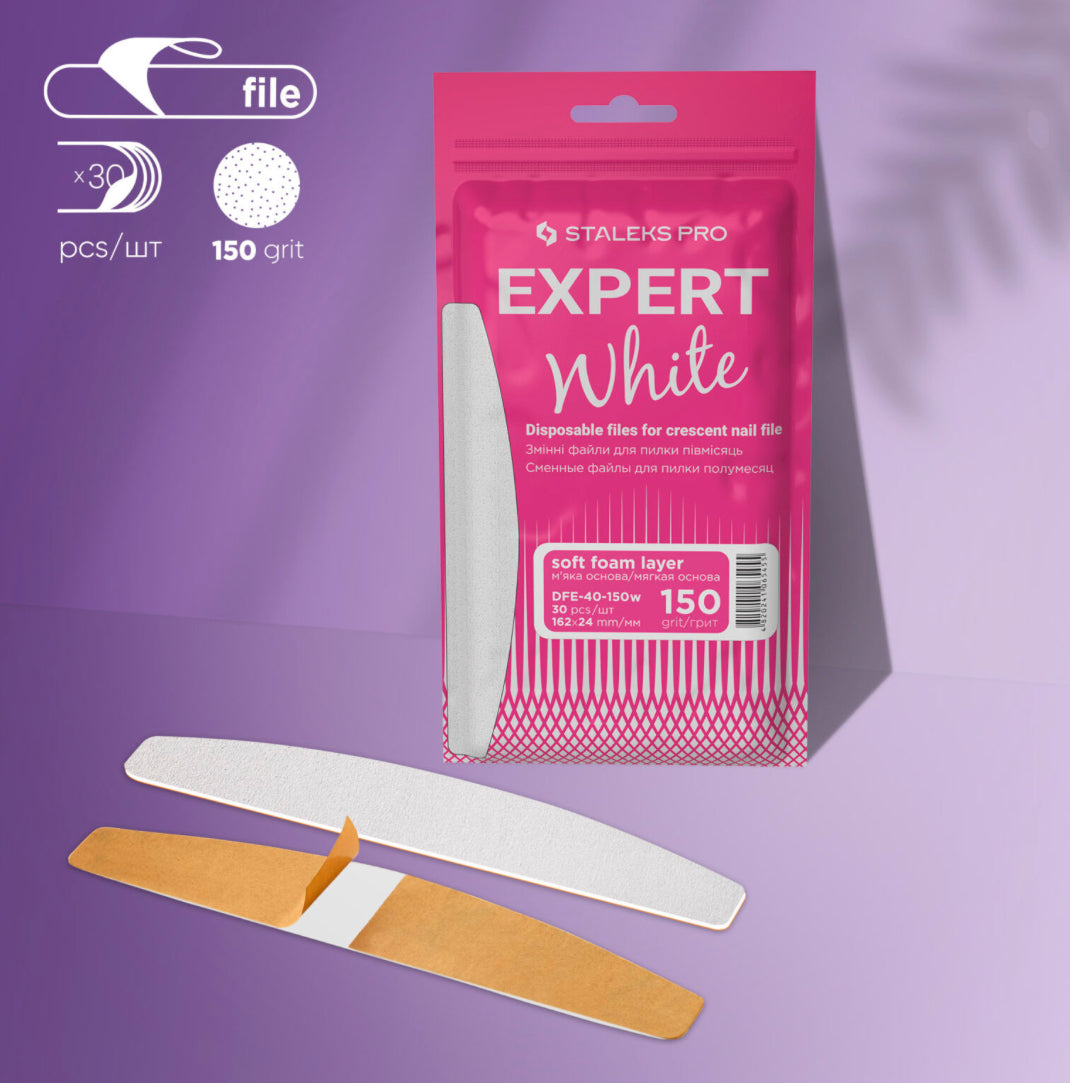 Staleks Pro crescent nail file refills 150 grit, soft foam, 30-pack on purple background
