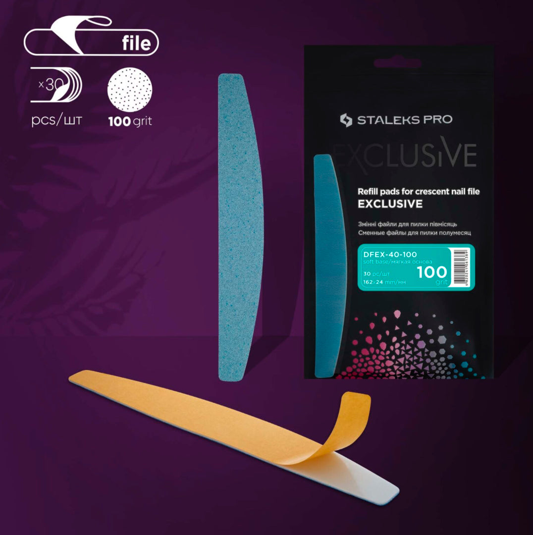 Refill pads for crescent nail file, 100 grit, 30 pieces, professional manicure tool