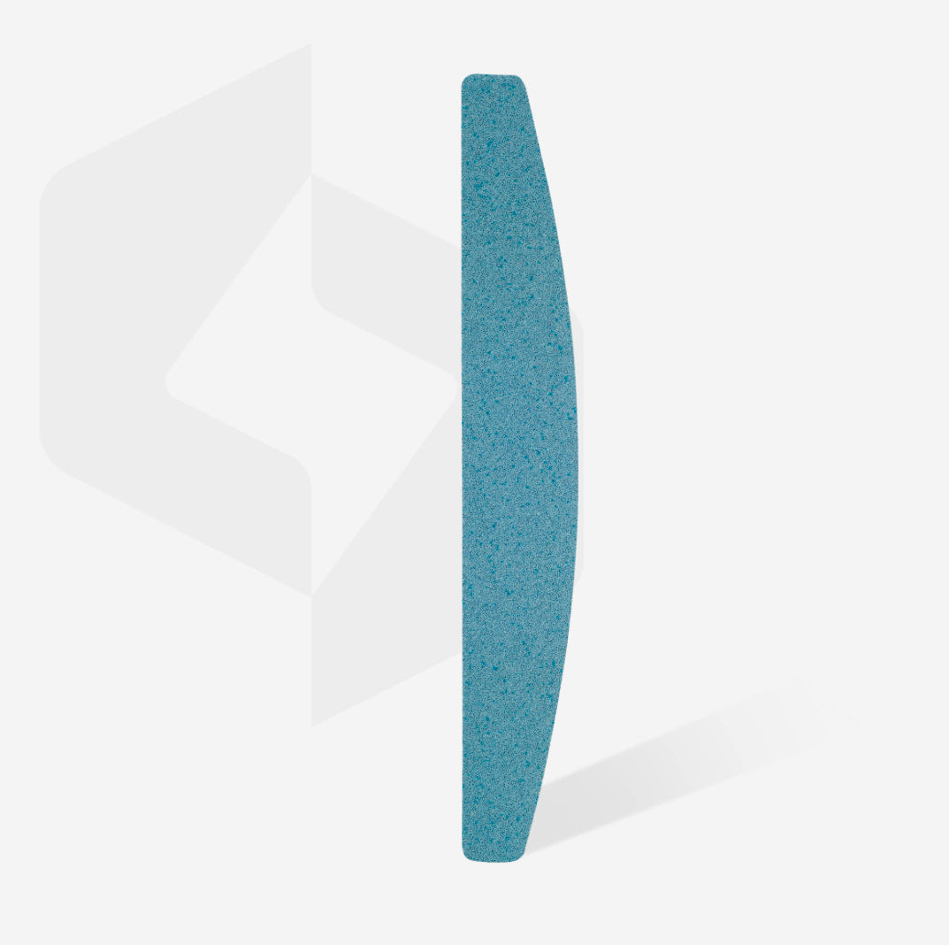 Blue curved nail file for manicure and pedicure, professional nail care tool on white background