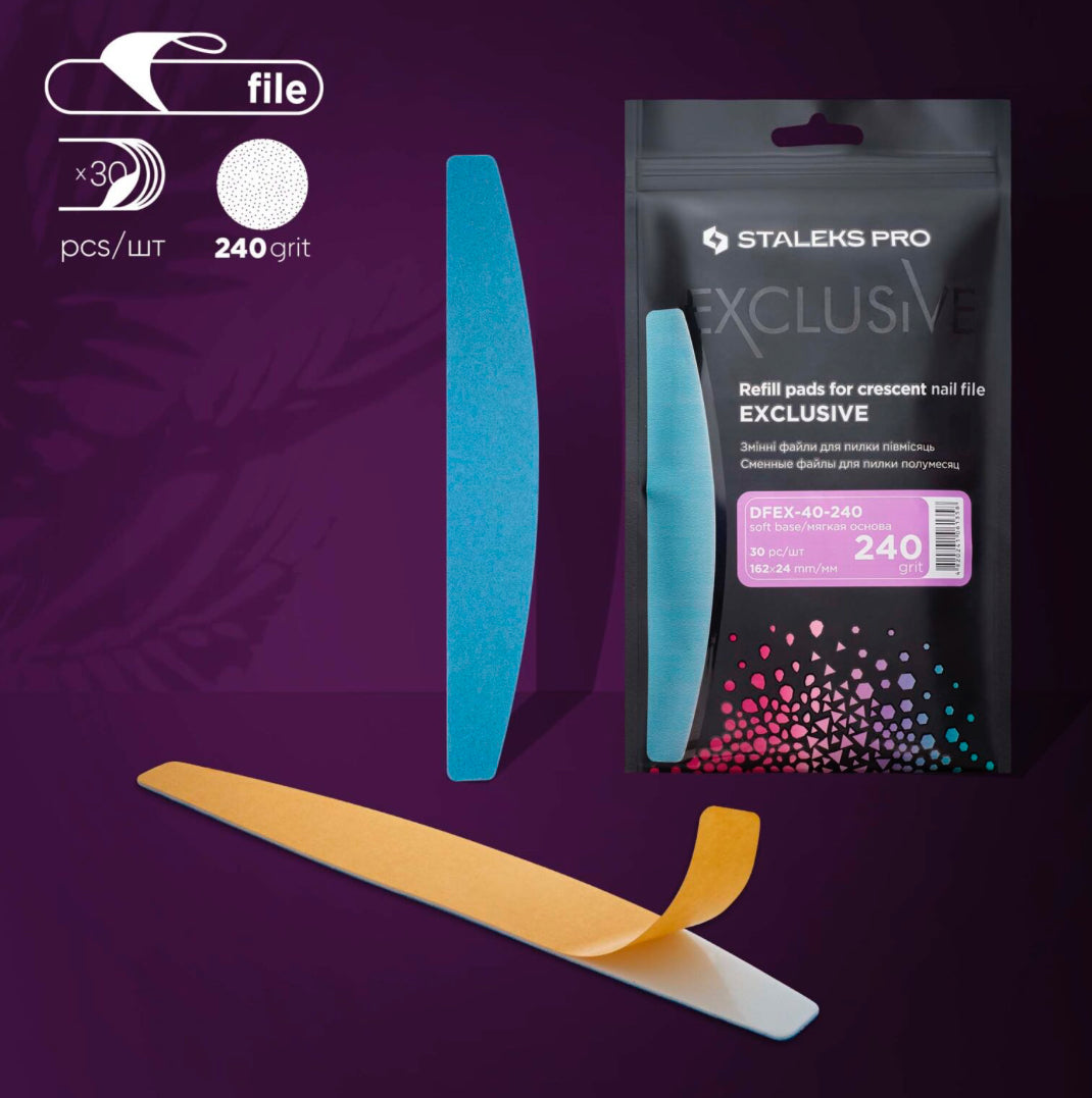 Staleks Pro crescent nail file refill pads 240 grit with packaging and close-up on purple background