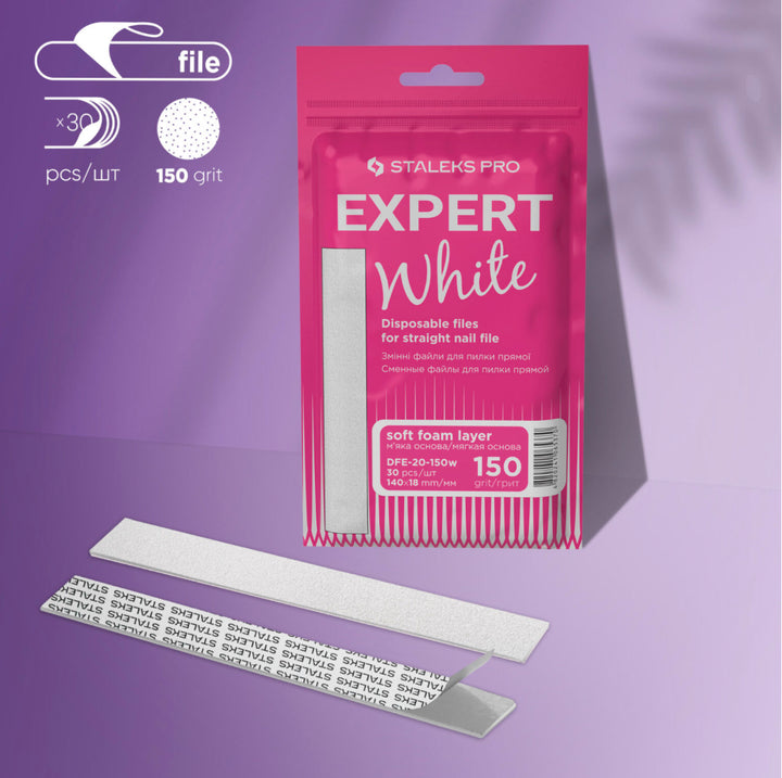 White disposable files for straight nail file (soft base) Staleks Pro Expert 20, 150 grit (30 pcs)  DFE-20-150w